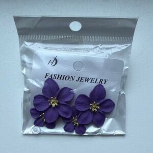 Boho Large Matte Double Flower Dangle Drop Earrings - Dark Purple